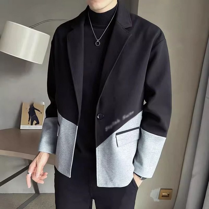 AOKADA 남성 배색 브이넥 정장 자켓 캐쥬얼 가을 겨울 블레이저 재킷