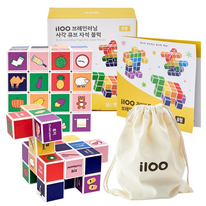 아이백 i100 브레인러닝 사각 큐브 자석블럭 B형 32pcs  가이드북  파우치, B형, 1세트