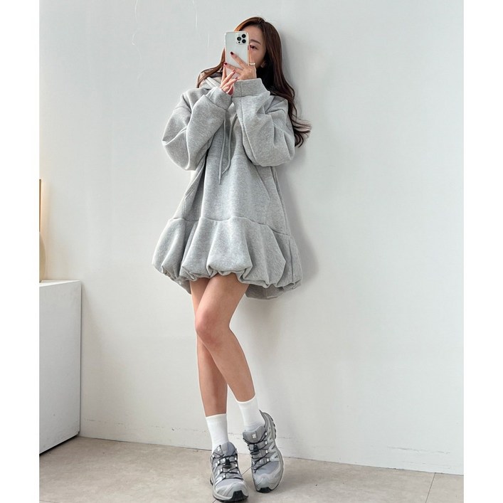 기모 호박 벌룬 캐주얼 캥거루 포켓 후드 미니 원피스 2color