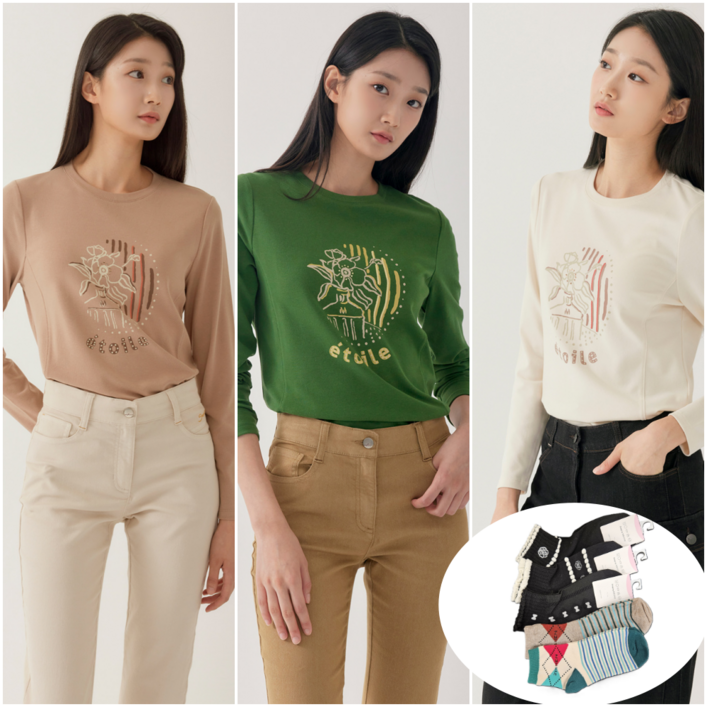 지센 여성 티셔츠 이월상품 부산점 원포인트 라운드 긴팔 LCTSO822 양말 증정