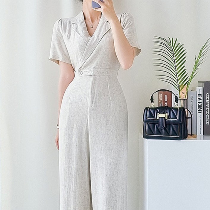 봄 여름 린넨 카라 벨트 와이드 여성 점프수트 여자 점프슈트 시널