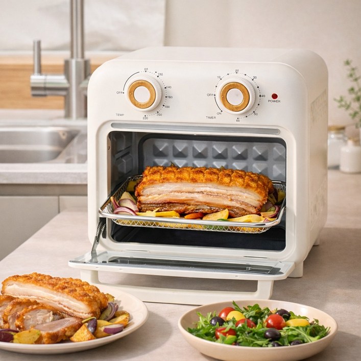 #슈퍼특가 독일브랜드 감성 에어프라이어 오븐 10L 다이얼식 타이머 글래스도어 램프 자동전원차단 전기오븐 베이킹 토스트기 에어프라이기 레트로 인테리어, 아이보리, 우드 다이얼 에어프라이어 오븐 10L
