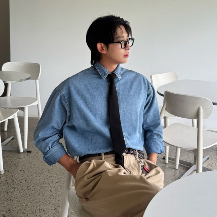 뎀피 남자 남성 릴렉스 루즈 오버핏 데님 청 긴팔 셔츠 남방