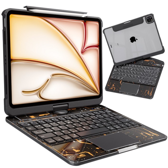 AITEWO 아이패드 매직키보드 케이스 펜슬 수납 360도회전 일체형 각도조절 투명 백라이트 터치패드 에어7/6/5/4/3/2/1세대 프로11/10.9/13/12.9인치, 아이패드 11세대 11인치 / 10세대 10.9인치, 투명 블랙