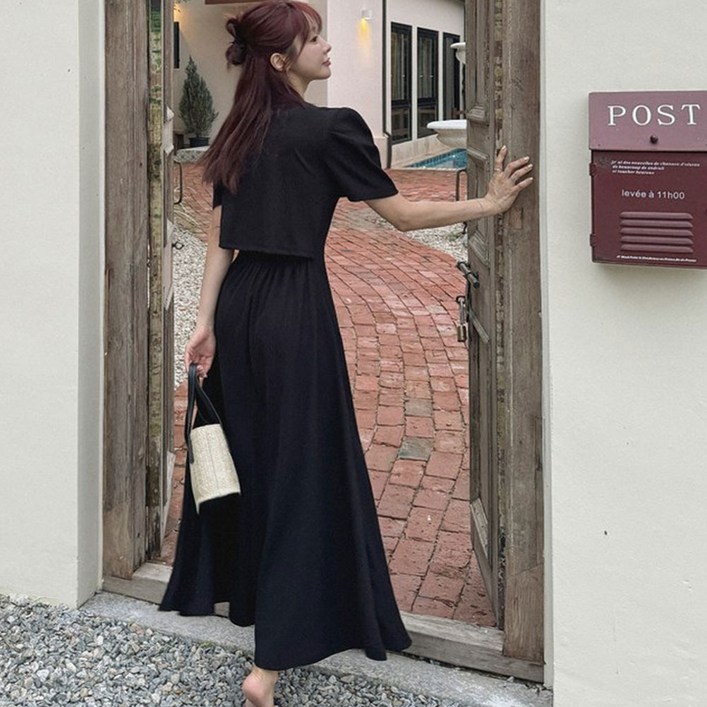 떳다그녀 스냅 뒷트임 골지원피스 퍼프소매 여름원피스 플레어 맥시원피스 백슬릿 롱원피스