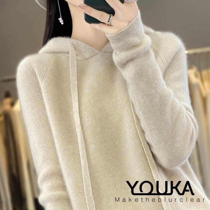 유카 겨울 부드러운 100캐시미 산뜻하고 따뜻한 후드니트