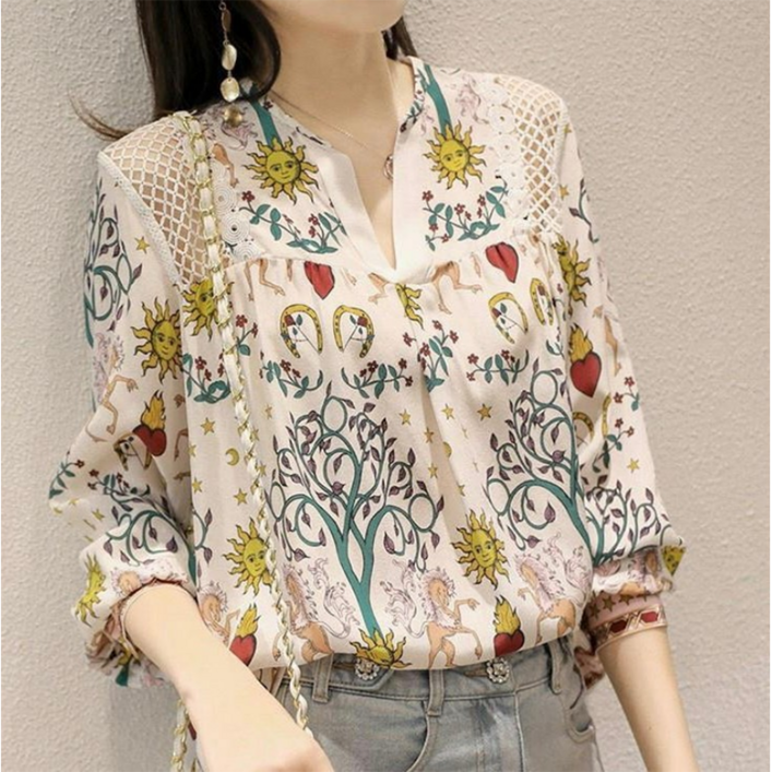 히트앤씨 2702 해바라기 블라우스 플라워 긴소매 여성 가을 봄