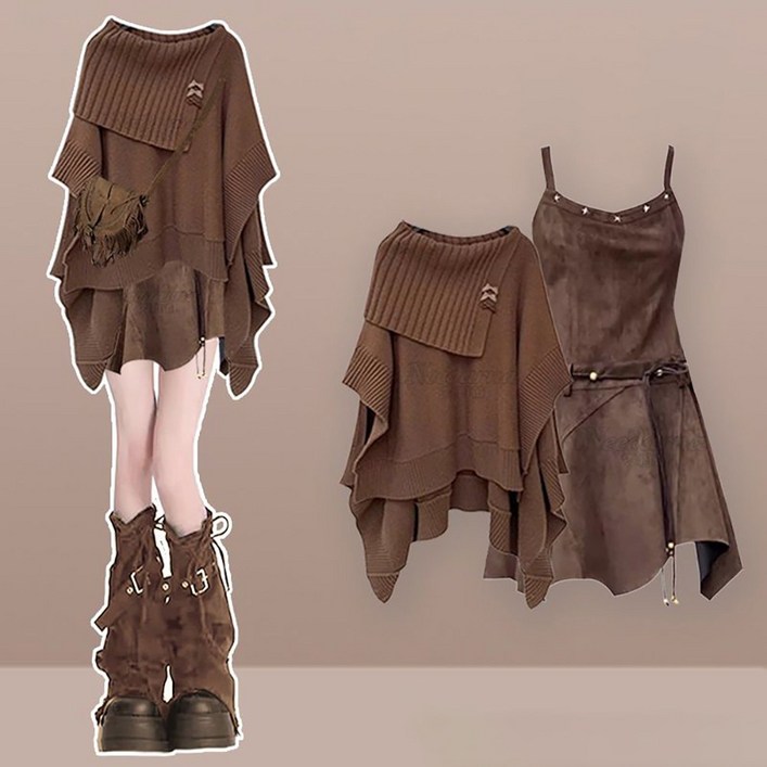 ROYALBELLE 여성 스웨터  원피스 세트 언밸런스 디자인 스웨터 플리츠 패션 숏 끈 원피스 D0121710