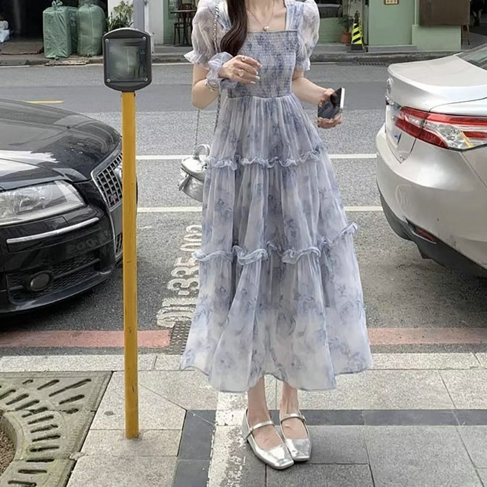 AOKADA 여성 여름 스퀘어넥 퍼프소매 롱 캉캉 원피스 휴양지 바강스 셔링 플레어 쉬폰 맥시