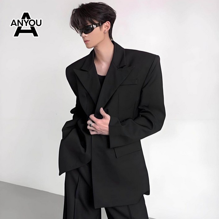 ANYOU 남자 정장 코트 투버튼 자켓 블랙스판 캐주얼 남자 정장 하객룩 캐주얼 수트 경량 스트릿 아우터 데일리 코트