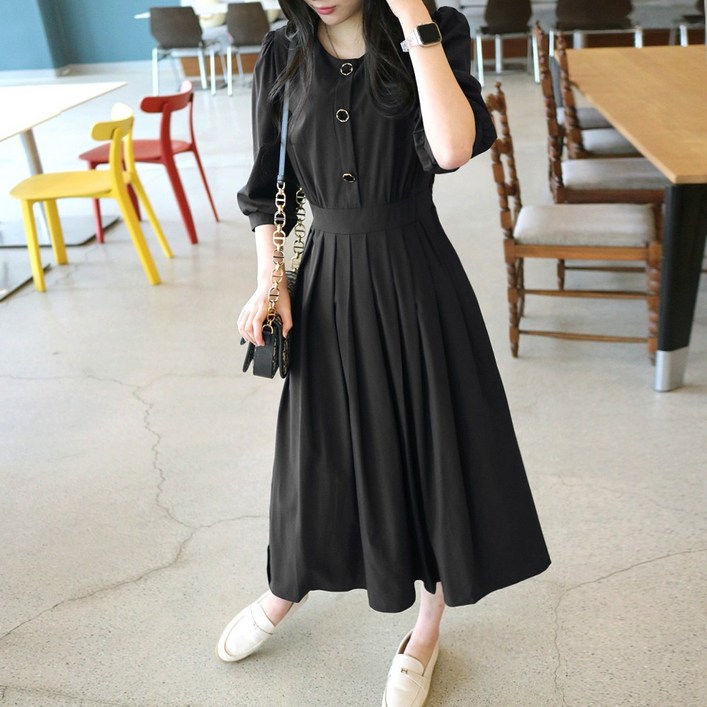 메리앤유 단아한 셔링소매 플레어주름 원피스 하객룩