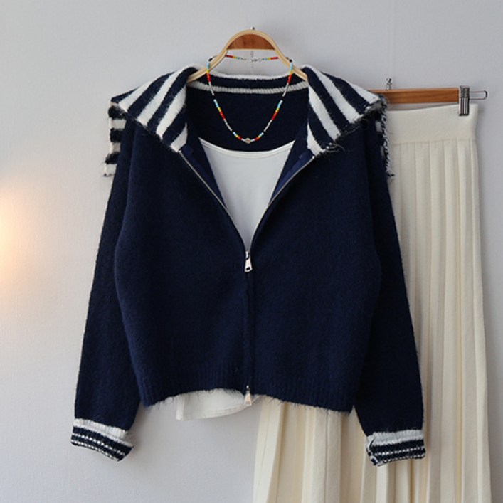 여성 아우터 지퍼 가디건 빅 단가라 카라 니트 집업