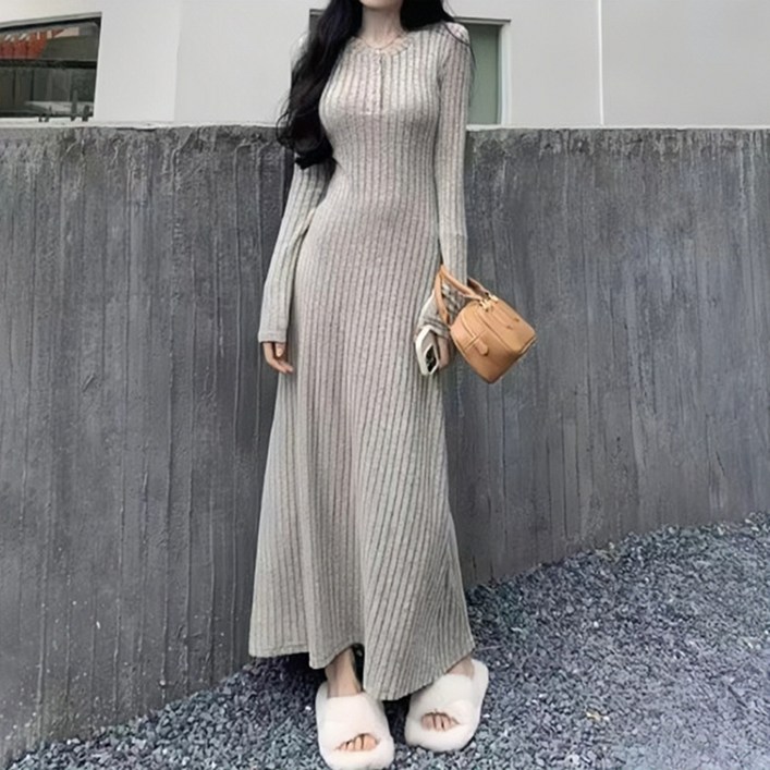 Asure 봄 가을 여성 긴팔 니트 원피스 슬림핏 미디엄 롱 원피스