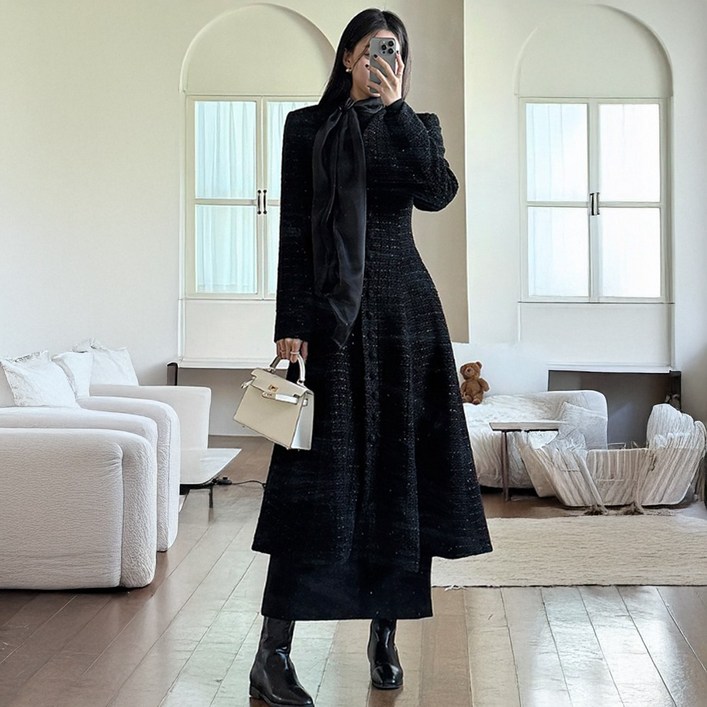 떳다그녀 울30 부케 트위드 버튼 롱원피스 하객룩 포켓 럭셔리 연말룩 울자켓 롱코트