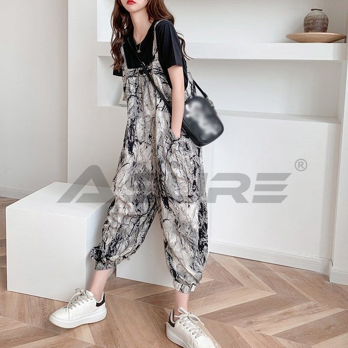 Asure 여자 시폰 점프슈트 여름 배기 팬츠 나염 멜빵바지