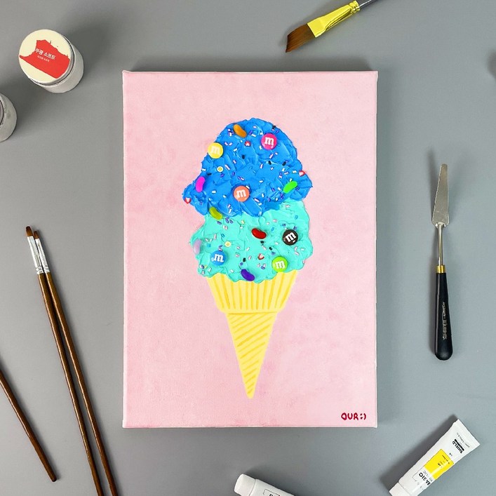 [아워캔버스] 아이들이 좋아하는 집콕미술놀이 아이스크림 그리기 프리미엄 아크릴화 미술키트, 혼합색상