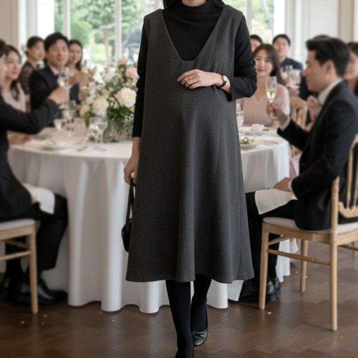 당일출고 수엠W 백화점 퀄리티 임산부 하객룩 원피스 레이어드 모직 V넥 하객원피스 B083 모던레이어드원피스