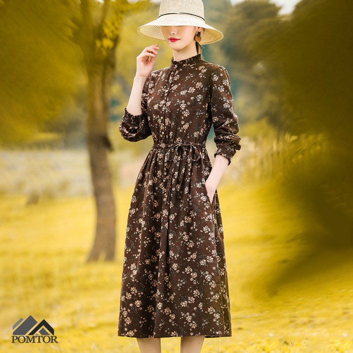 POMTOR 플라워 긴팔 여성 원피스 패션 슬림 미디스커트 롱치마