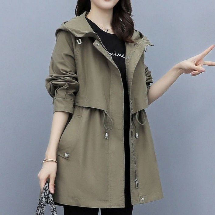 봄가을 허리조임 후드점퍼 루즈핏 하프 트렌치코트 여성패션트렌치코트