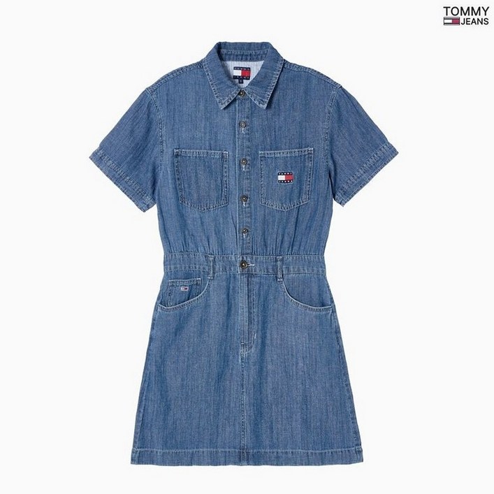 타미힐피거 데님 타미진여성 린넨 반팔셔츠 미니 원피스