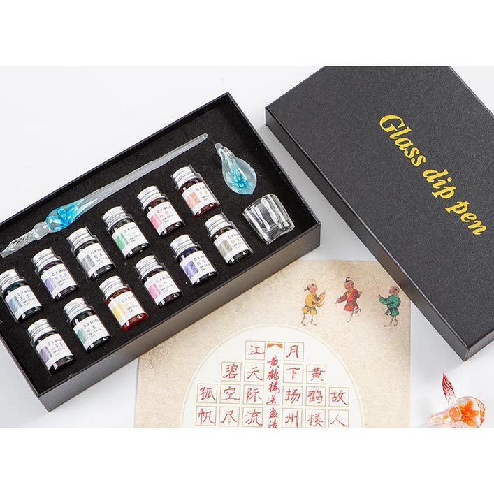 야자컴퍼니 캘리그라피 글라스펜 글래스펜 유리펜 딥펜12색잉크받침대 세트 5컬러, 하늘색