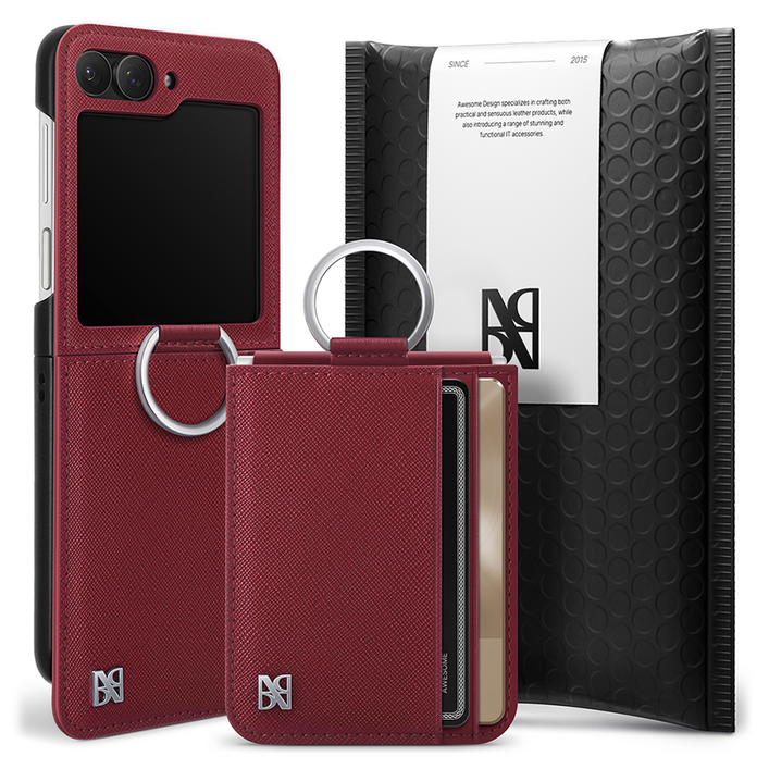 어썸디자인 오블리크 힌지 보호 수제 가죽 카드 지갑 휴대폰 케이스  링 세트