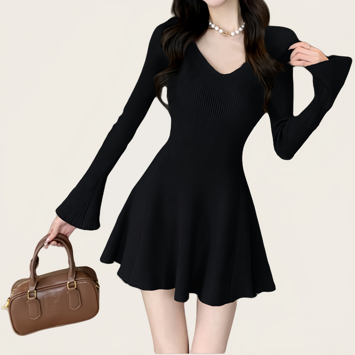 Makone 여성 봄 가을 겨울 브이넥 니트 숏원피스