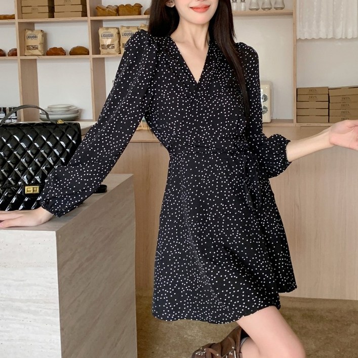cammello 도트 패턴 러블리 랩 미니원피스 봄가을 긴팔 원피스 하객룩
