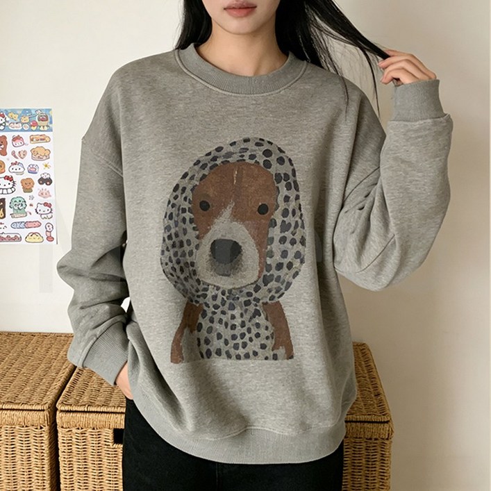 Merero 여성 오버핏 맨투맨 라운드 강아지프린트 단체 티 커플 티셔츠 빅사이즈 ins