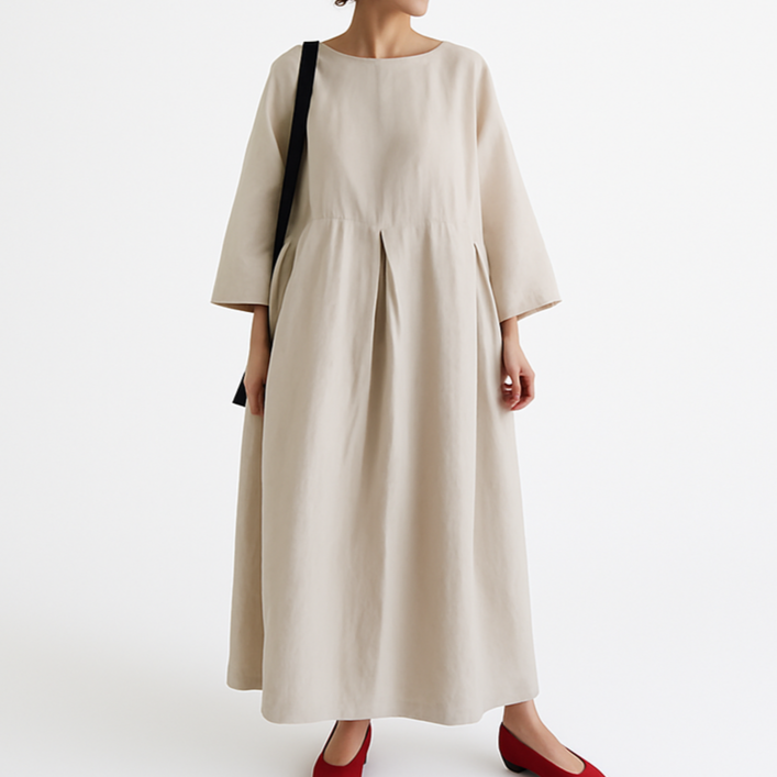 가비앤코 여성 가을 플리츠 긴팔 롱미디 원피스