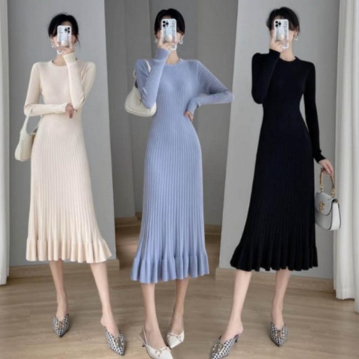 여성 슬림핏 골지 니트 긴팔 주름 원피스 롱 드레스  DONA01103