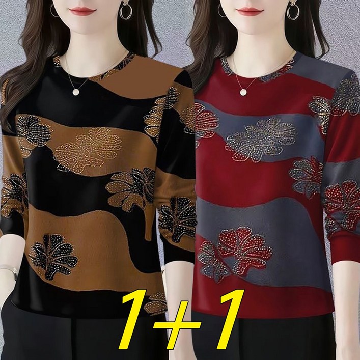 MOSAIRATION 여성 112장묶음 패션 라운드넥 긴팔 티셔츠 배색 디자인 중년 엄마 이너 티셔츠 M0112128