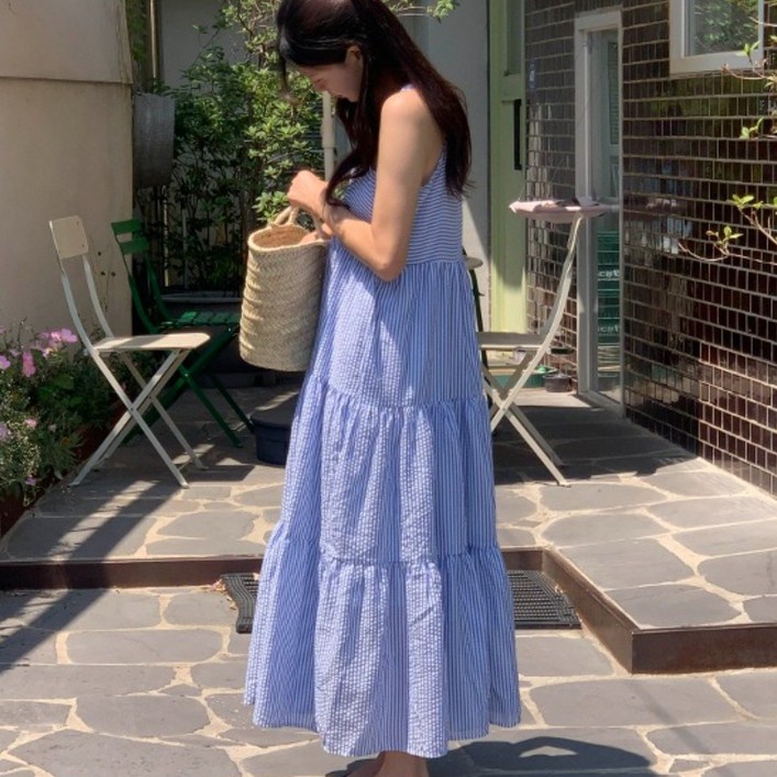 루어스룸 포레스트 여름 스트라이프 단가라 시어서커 지지미 스퀘어넥 휴양지 캉캉 플레어 뷔스티에 코튼 여름 드레스 롱 원피스(블루)
