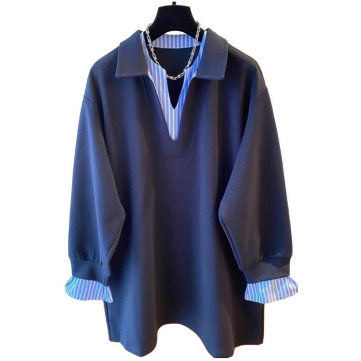 PEROLA 여성 레이어드 맨투맨 봄 가을 빅사이즈 스트라이프 오버핏 카라 맨투맨 티셔츠