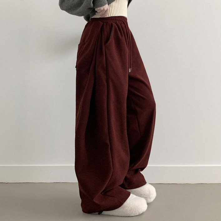 부기샵 융기모 퍼른 골덴 와이드핏 사이드 폴링 핀턱 롱 밴딩팬츠