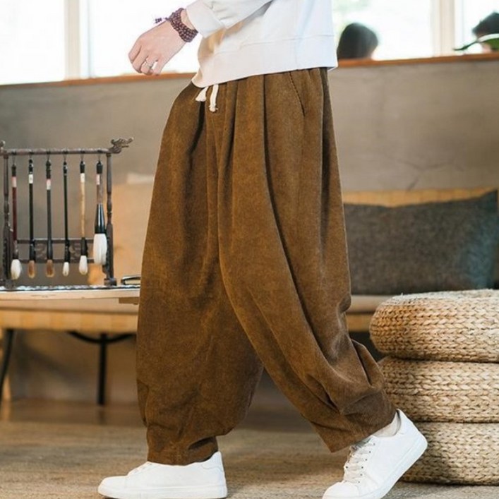 초특가 POMTOR 봄가을 남성용 기모 밴딩 긴 바지 빅사이즈 캐주얼 와이드 코듀로이 두꺼운 통바지