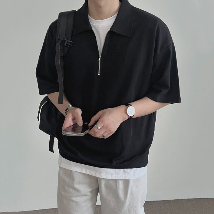 국내제작 무지샵 남자 남성 여름 아노락 반집업 카라 반팔 티셔츠