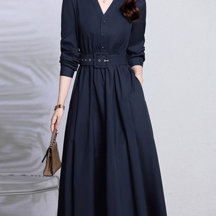 패션고리 여성 브이넥 고급 허리벨트 셔츠형 플레어 롱 원피스 H56