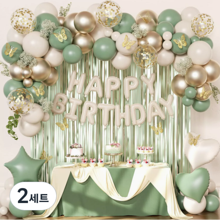 모아룸 풍선 파티 생일 이벤트 장식 풍선구름 세트, 2세트, 그린골드 풍선 세트