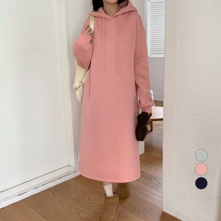 아피나르 여성용 루즈핏 기모 데일리 후드 롱 원피스