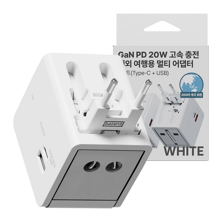 누아트 Gan PD 20W 고속충전 해외 여행용 멀티 어댑터 2포트 C타입 + USB 포트 화이트, 1개