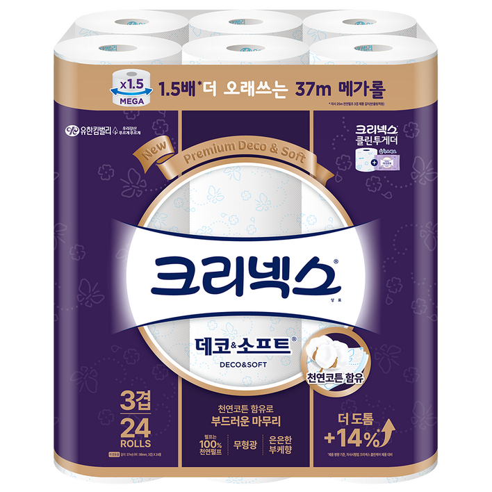 크리넥스 데코소프트 천연펄프 3겹 고급롤화장지, 37m, 24개입, 1개