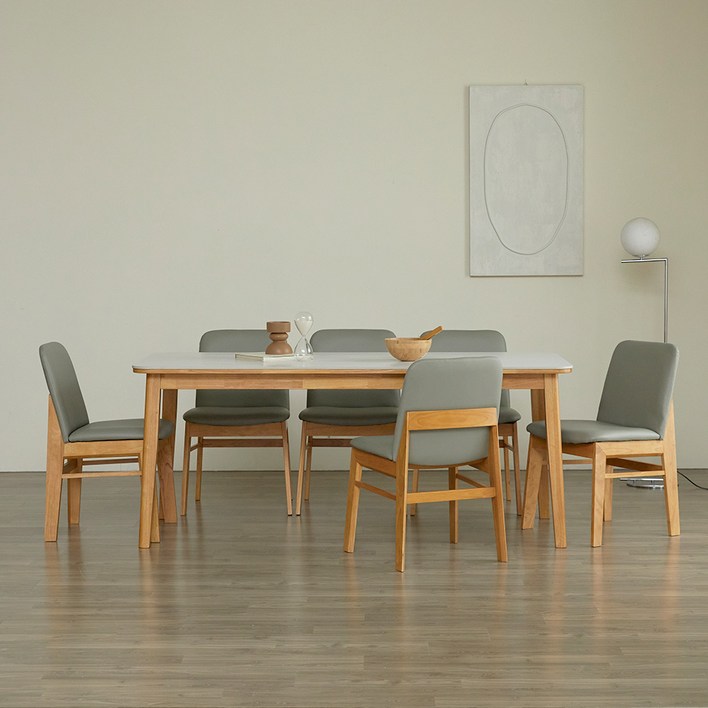 파로마 솔로르 세라믹 식탁 1800  의자6p 세트 방문설치, 내추럴프레임, 의자, 화이트상판, 6인용