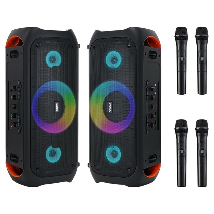 컴스 블루투스 스피커 앰프 무선 마이크 최대 140W 노래방 버스킹, 블랙, COM8082