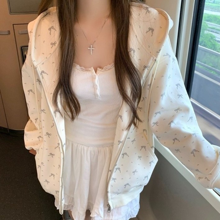 아이엠몽 여성용 오버핏 라운드넥 리본 패턴 긴팔 후드 집업 R6S085