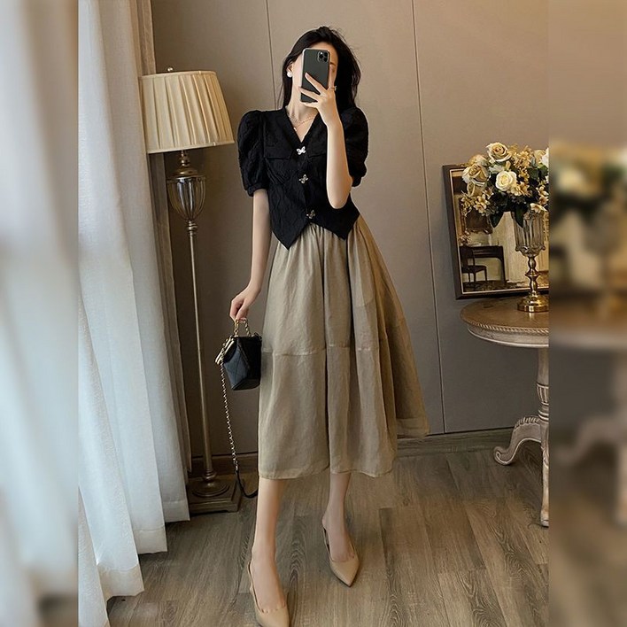 여성 여름 세트 캐주얼 빈티지 반팔 브이넥 숏 자켓  롱 스커트 상하 투피스 기질 고급스러운 소향풍 투피스 세트 빅사이즈