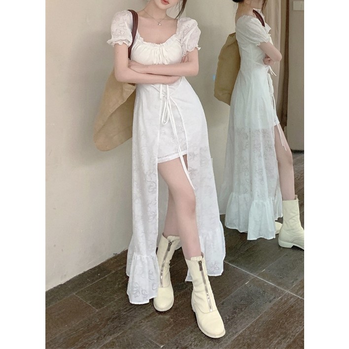 스퀘어넥 퍼프 레이스 리본 자카드 트임 언발란스 원피스 바캉스 동남아 여신핏 비치 드레스 스퀘어넥 퍼프 레이스 리본 자카드 트임 언발란스 원피스 바캉스 동남아 여신핏 비치 드레스