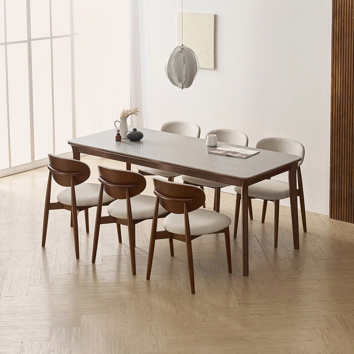 라로퍼니처 플레인 1900 포세린 통 세라믹 6인 고무나무 원목 식탁 세트 화이트  그레이 상판