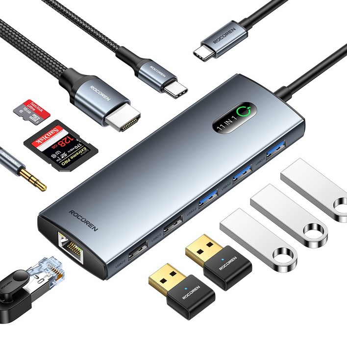 Rocoren 11 in 1 USB C 허브 PD 100W RJ45 SD 리더 Macbook Air Pro 용 USB 3.0 분배기 도킹 스테이션 Samsung LG 노트북