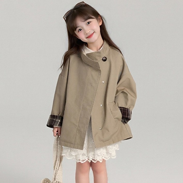 UPPERCUT 여아 체크 소매 배색 하프 트렌치코트 초등학생 하이넥코트 간절기코트 봄가을코트 바바리코트